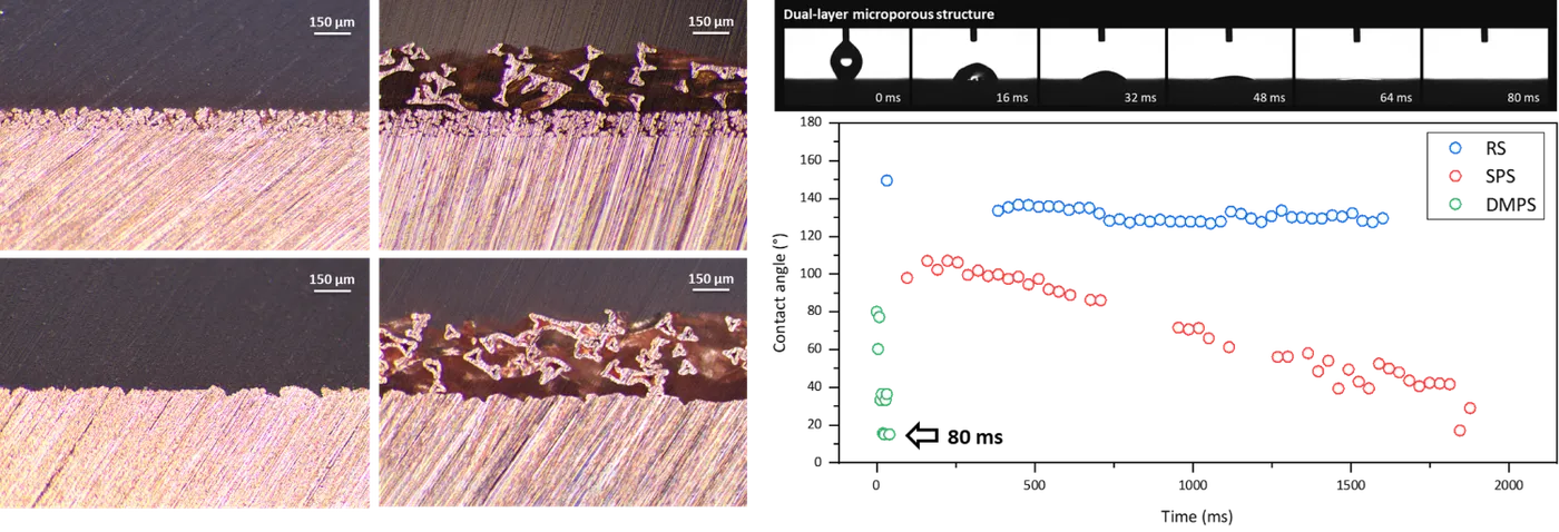 SEM cross-sections of the microporous layers with time-resolved contact-angle (wicking) measurements.